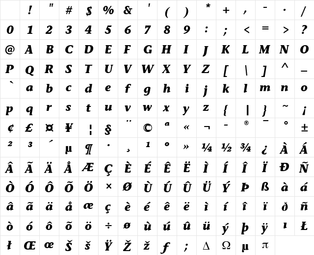 StoneInfITC Bold Italic Character Map StoneInfITC Bold Italic Character Map