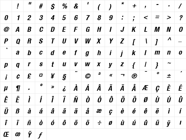 HeaveneticaCond7 BoldOblSH Character Map