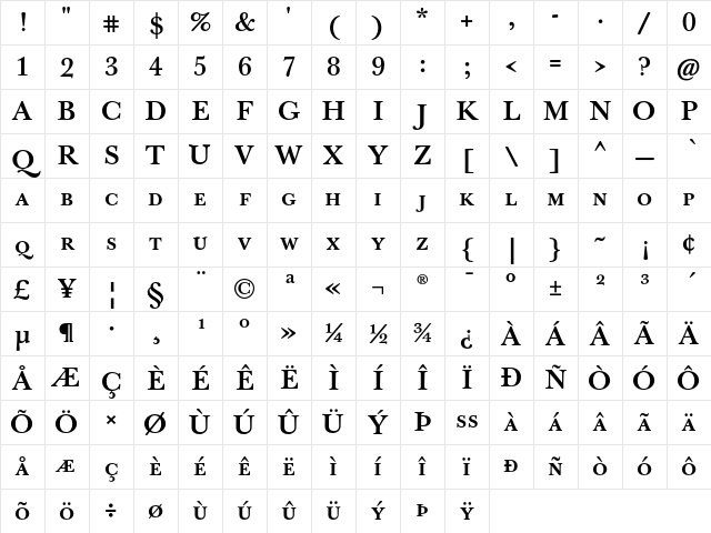 J Baskerville T Caps Bold Character Map