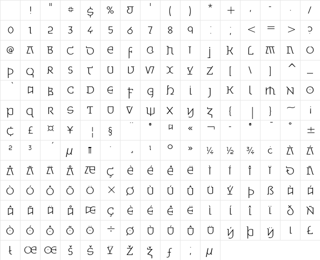 Minska ITC Light Character Map Minska ITC Light Character Map