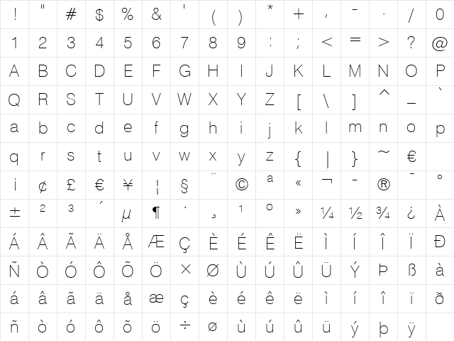 Swis721 Th BT Thin Character Map Swis721 Th BT Thin Character Map