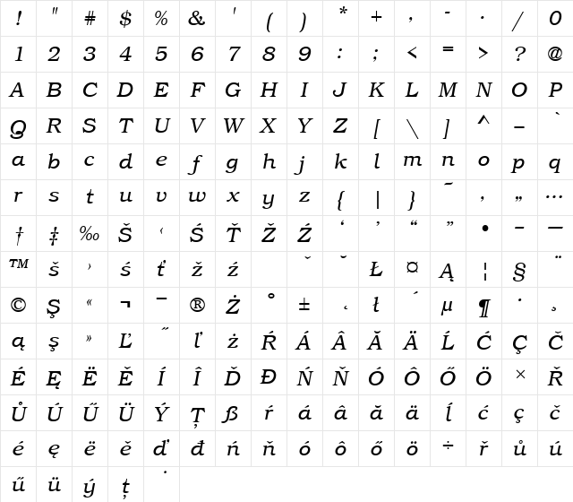 BookmItcTEELig Italic Character Map BookmItcTEELig Italic Character Map