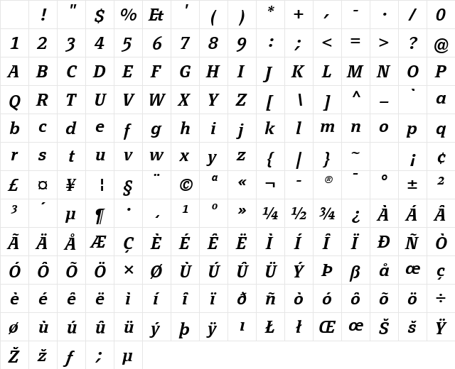 PageSerifTF-DemiBoldItalic Regular Character Map