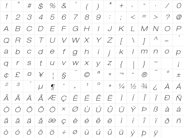 Helvetica Neue LT Std 34 Thin Extended Oblique Character Map