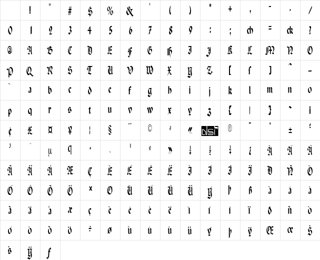 Paganini Narrow Regular Character Map Paganini Narrow Regular Character Map