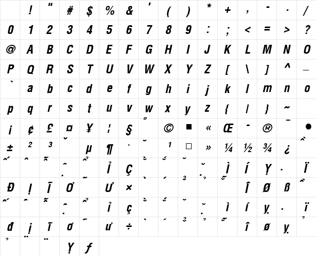 VNI-Helve-Condense Bold-Italic Character Map VNI-Helve-Condense Bold-Italic Character Map