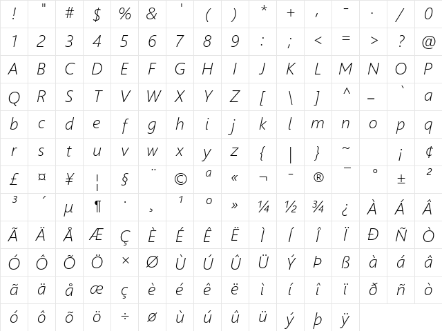 Segoe UI Light Italic Character Map