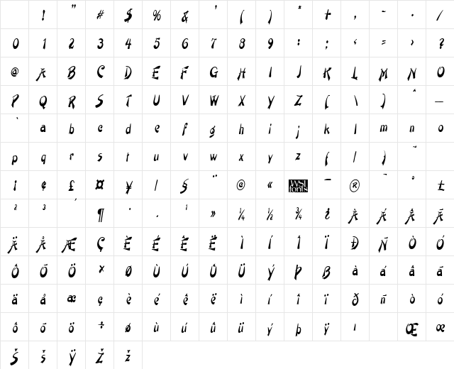 PainterNarrow Italic Character Map