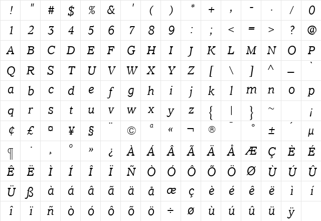 ClaremontLightItalic Roman Character Map ClaremontLightItalic Roman Character Map