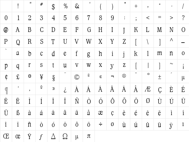 WaverlyLightCondensed Roman Character Map WaverlyLightCondensed Roman Character Map