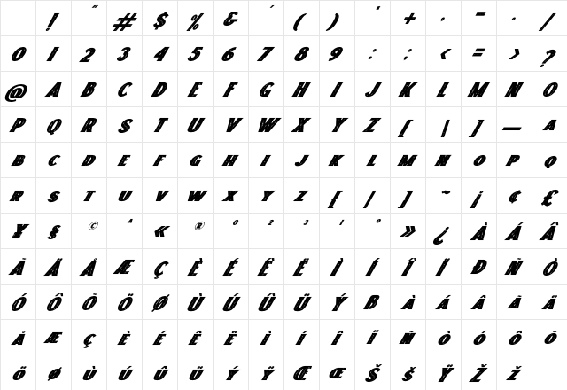 Freakland Italic Regular Character Map