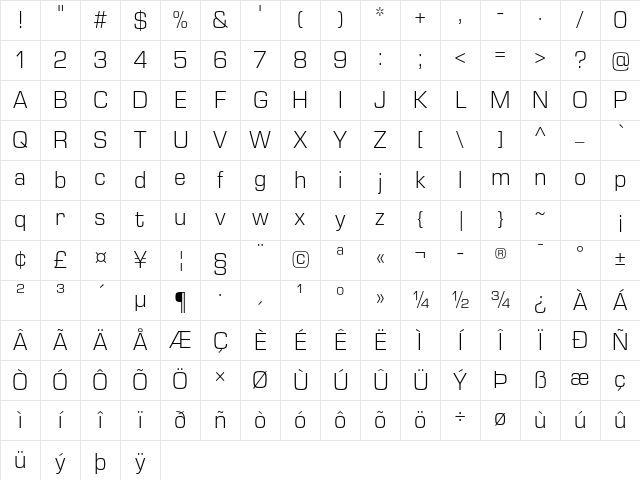 Eurostile Next LT Pro Light Character Map