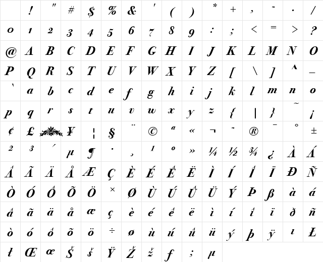 Bodoni Seventytwo ITC Bold Italic Character Map Bodoni Seventytwo ITC Bold Italic Character Map