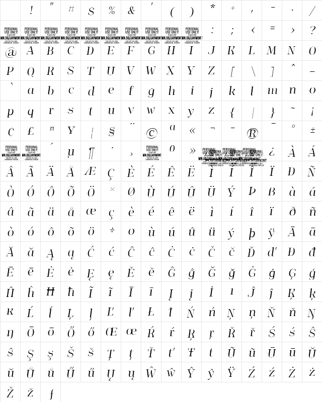 Jaymont PERSONAL Light Italic Character Map Jaymont PERSONAL Light Italic Character Map