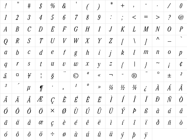 ITC Cheltenham Light Condensed Italic Character Map