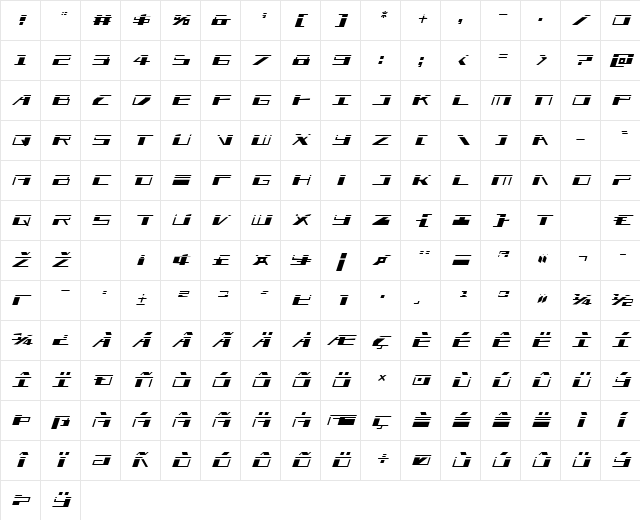 3AGLE Laser Italic Regular Character Map