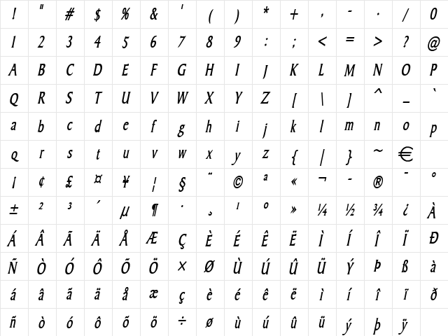 BarrettThin BoldItalic Character Map BarrettThin BoldItalic Character Map