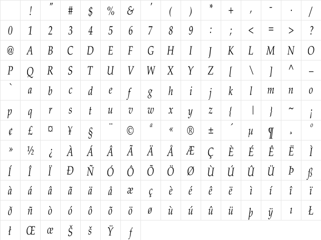 Palatino-Italic Cn Regular Character Map