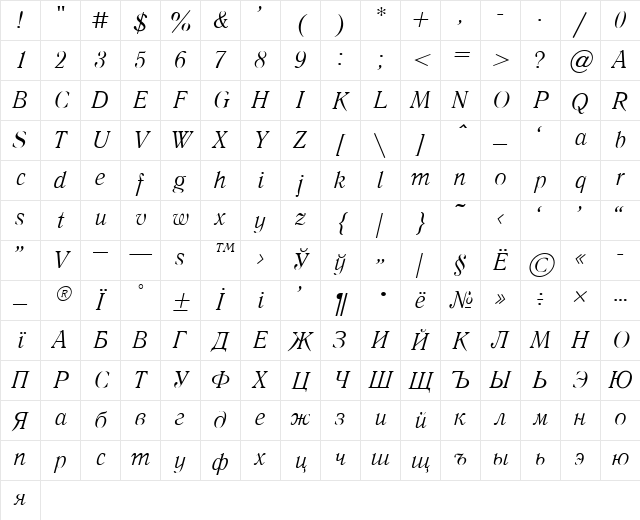 Literaturnaya Italic Character Map