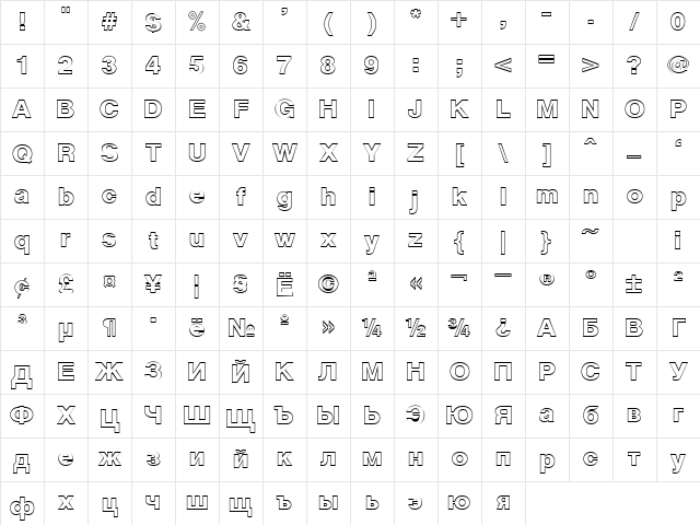 Cyrvetica Extra Outline Normal Character Map