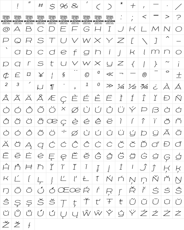 Capoon PERSONAL USE Light Italic Character Map Capoon PERSONAL USE Light Italic Character Map