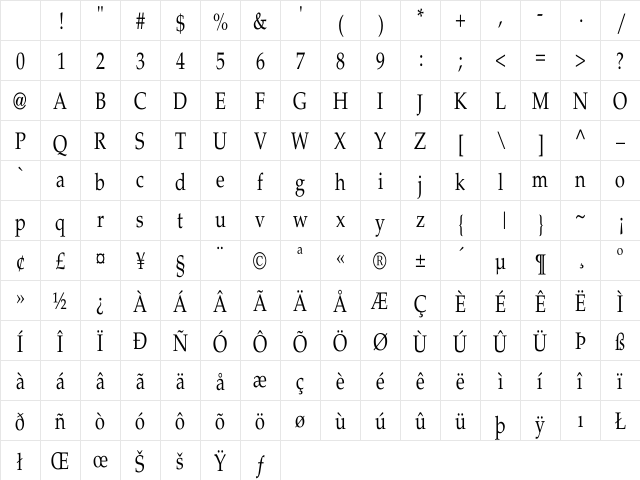 Palatino-Roman Cn Regular Character Map