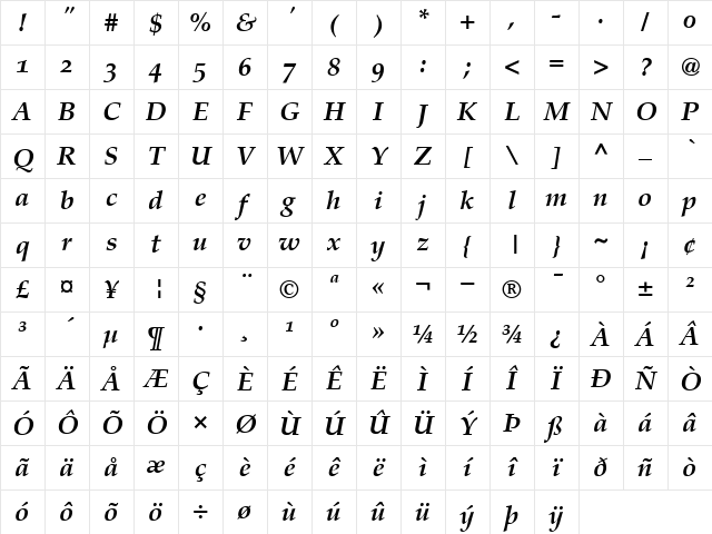 PalatinoOldStyleFigures BoldItalic Character Map