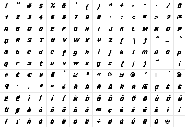 Yearling Italic Character Map Yearling Italic Character Map