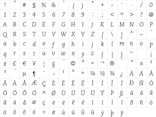 PMN Caecilia LT 46 Light Italic Character Map