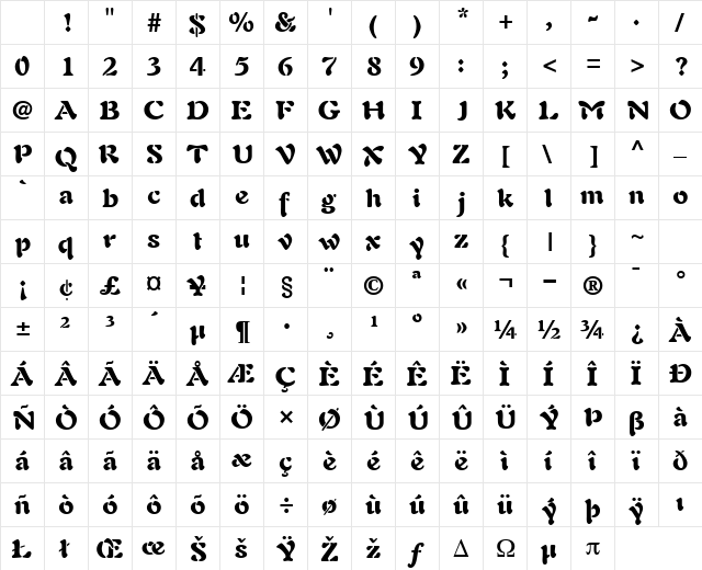 PaletteBlackSSK Regular Character Map