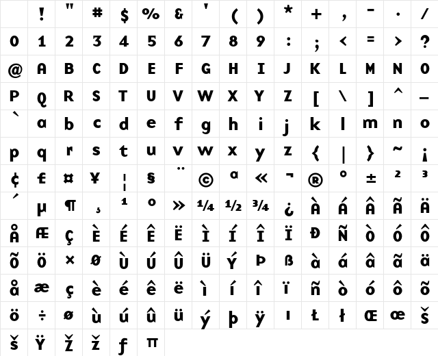 BaseNine Bold Character Map