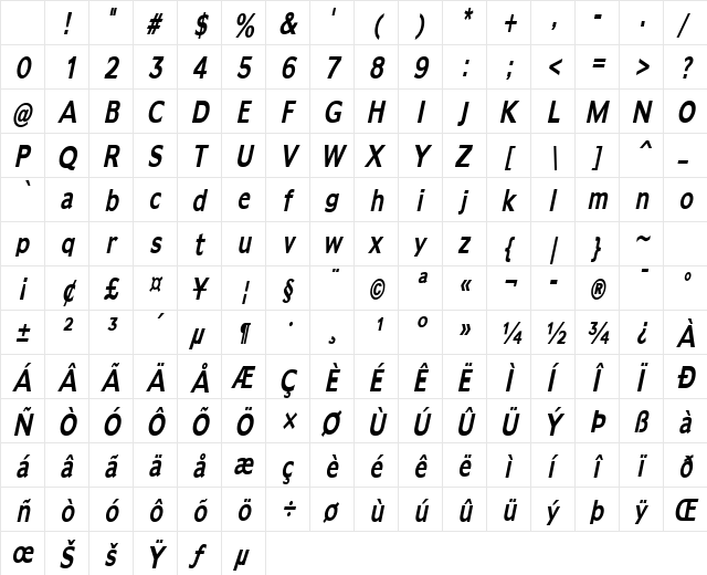 AdamsThin BoldItalic Character Map AdamsThin BoldItalic Character Map