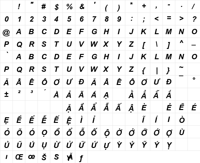 .VnArialH Bold Italic Character Map .VnArialH Bold Italic Character Map