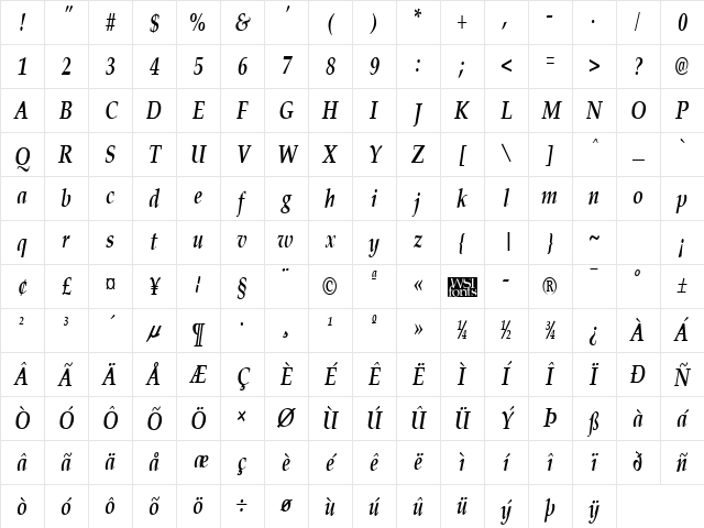 PalisadeCondensed Bold Italic Character Map