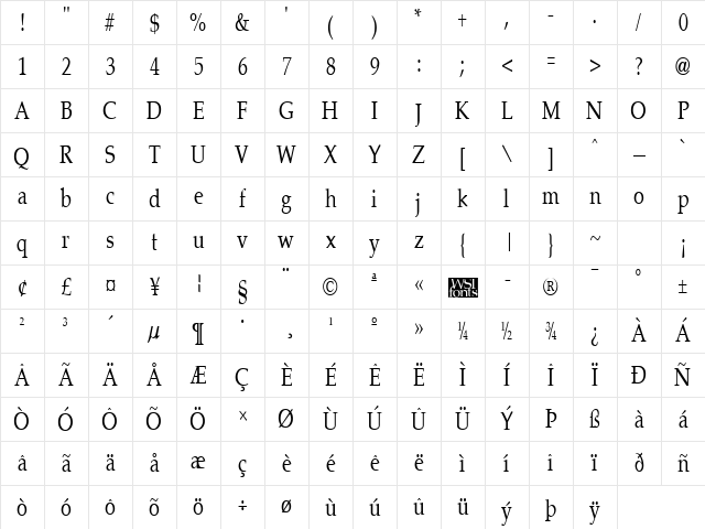PalisadeCondensed Regular Character Map