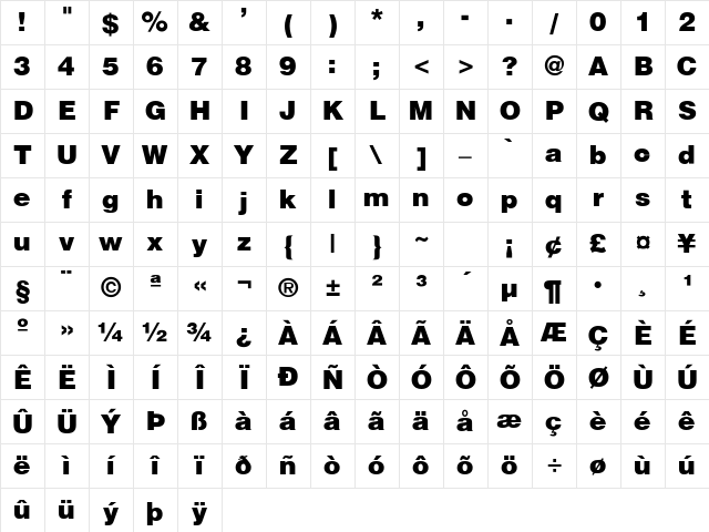 Helvetica-Black Regular Character Map
