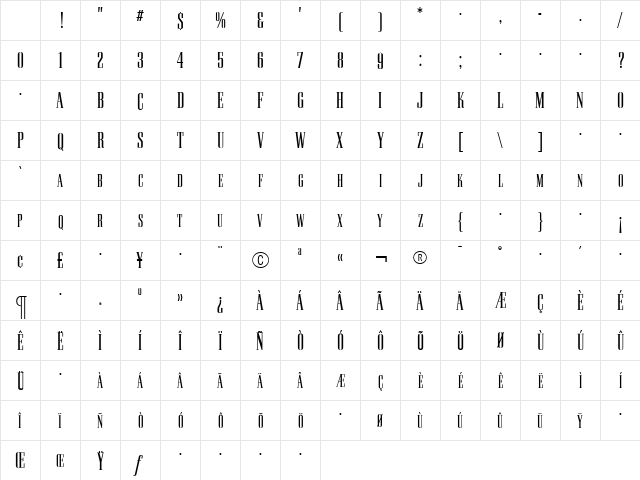 PallMallLightTitling Roman Character Map
