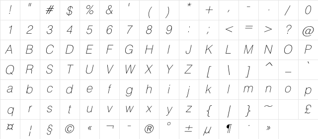 HeliosThinC Italic Character Map
