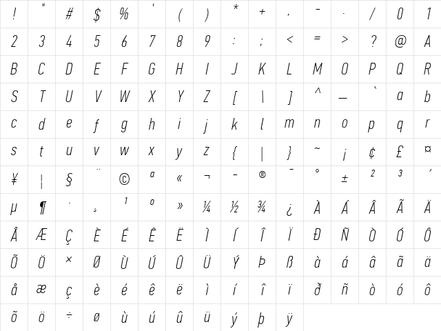 PF Din Text Comp Pro Thin Italic Character Map