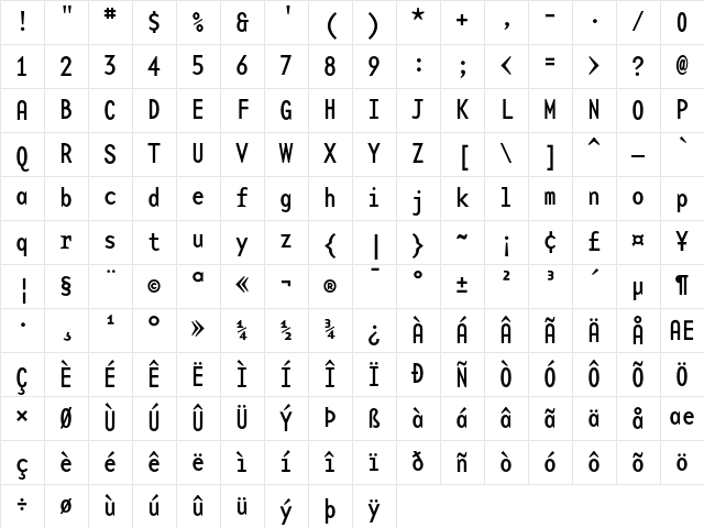 BaseMonoReg-Narrow Roman Character Map