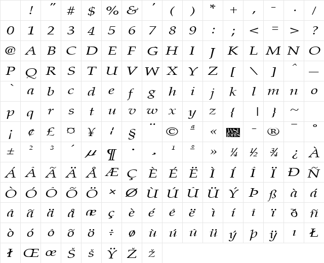 PalisadeBroad Italic Character Map