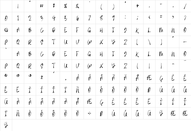 Royal Brush Regular Character Map