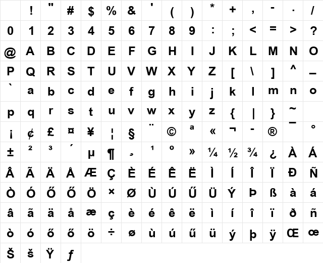Arial HU Bold Character Map Arial HU Bold Character Map