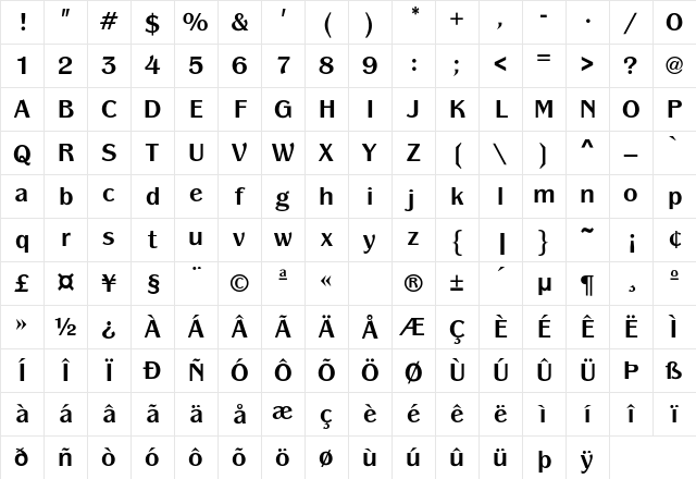 Panache-Bold Regular Character Map