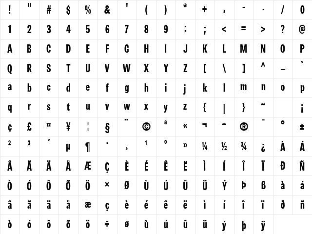 BrownExtraBoldCondensed Regular Character Map BrownExtraBoldCondensed Regular Character Map
