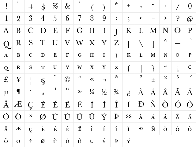 J Baskerville Caps Regular Character Map