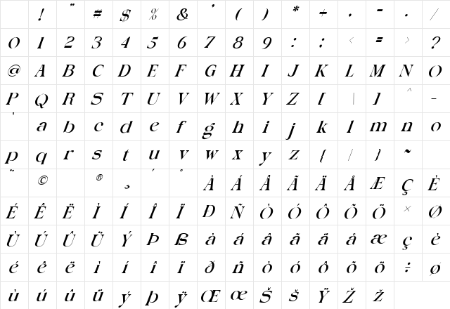 Cralika Italic Character Map Cralika Italic Character Map