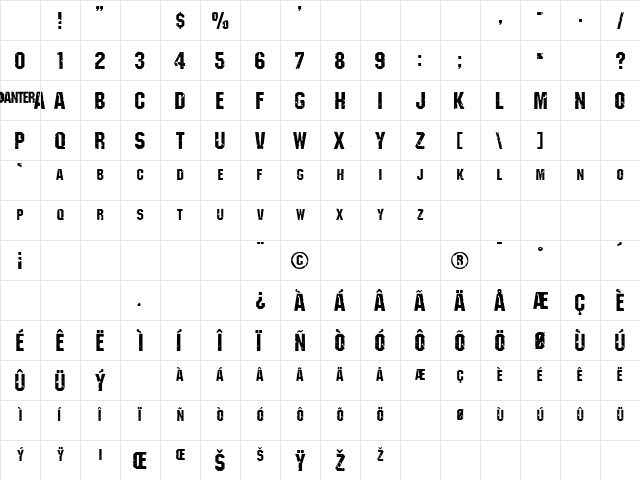 Pantera Regular Character Map Pantera Regular Character Map