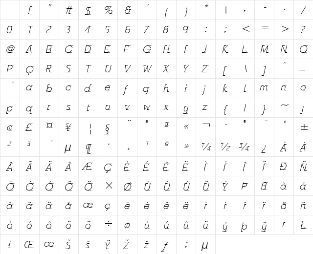 Odyssee ITC Light Italic Character Map Odyssee ITC Light Italic Character Map