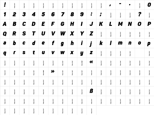 Panton Narrow-Trial Heavy Italic Character Map